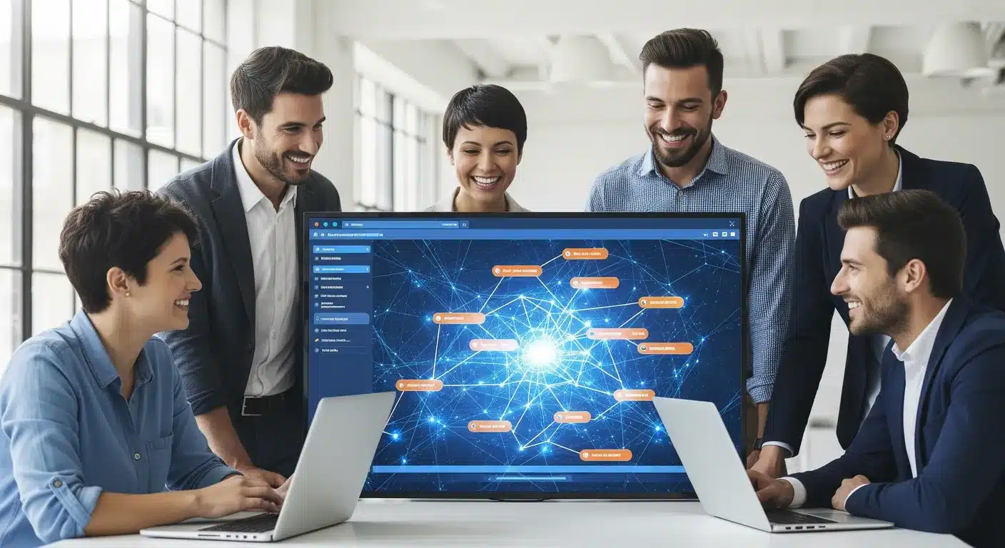 Image d'illustration du site web Clic974 du consultant SEO Idric Evarne qui montre une équipe d'experts souriants et satisfaits, analysant une structure complexe de liens internes et externes sur un grand écran numérique. L'interface affiche un réseau de connexions dans les tons bleu et orange, symbolisant une stratégie de maillage interne cohérente et optimisée pour le référencement naturel.