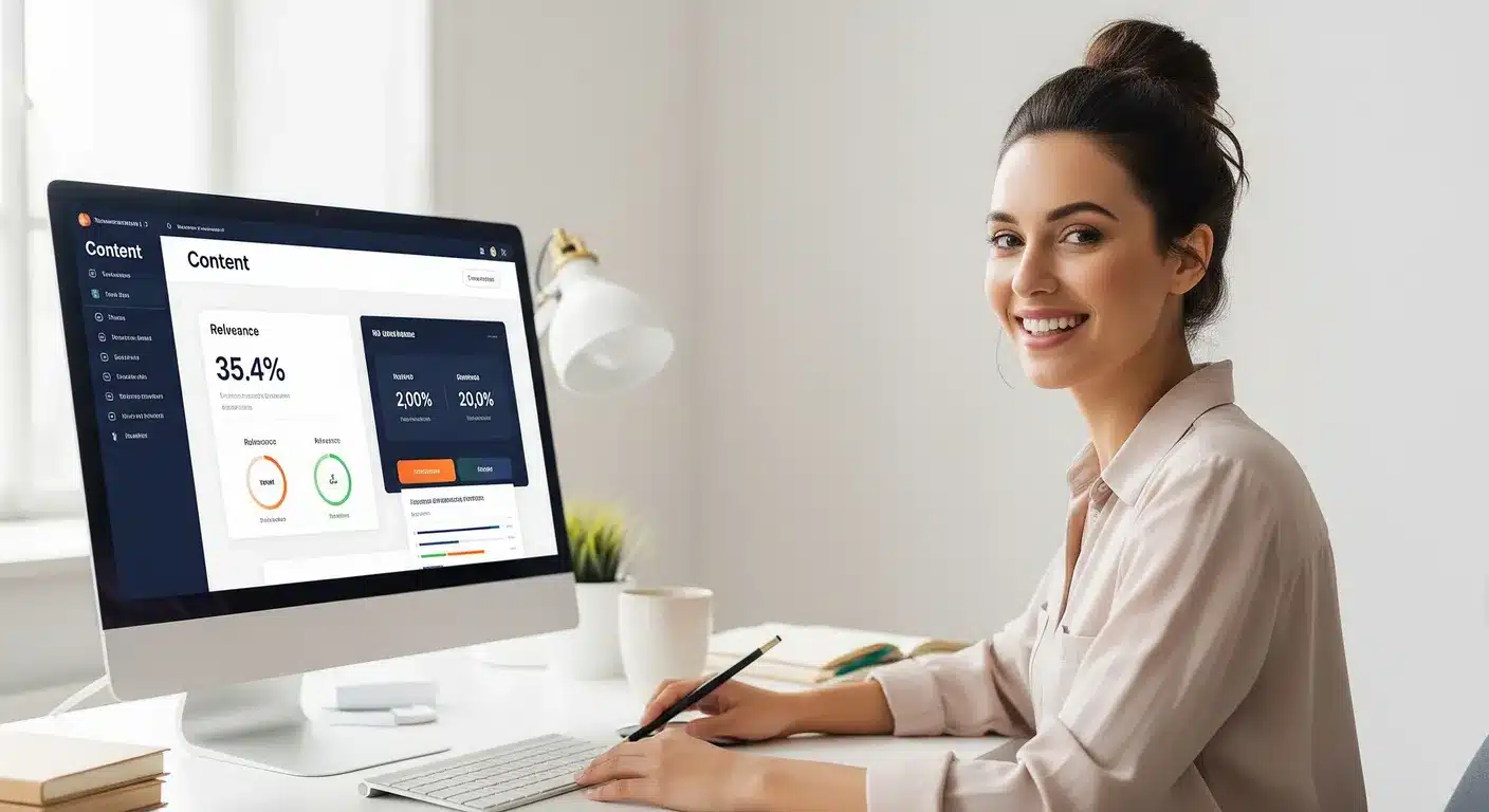 Voici la proposition pour le premier chapitre. Texte alternatif : Image d'illustration du site web Clic974 du consultant SEO Idric Evarne qui montre une consultante SEO en train de travailler sur un audit sémantique d'un site web