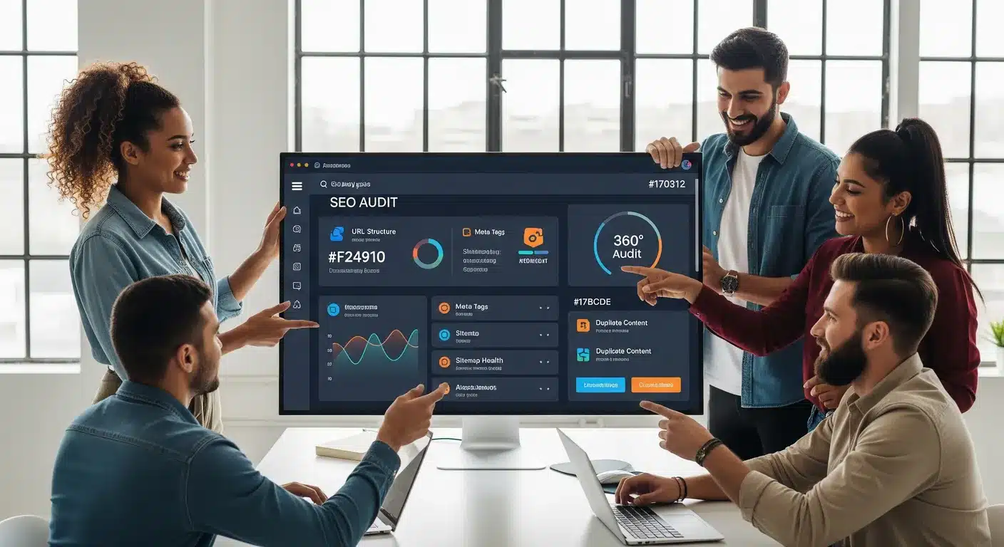 Image d'illustration du site web Clic974 du consultant SEO Idric Evarne qui montre une équipe d'experts souriants et satisfaits, analysant